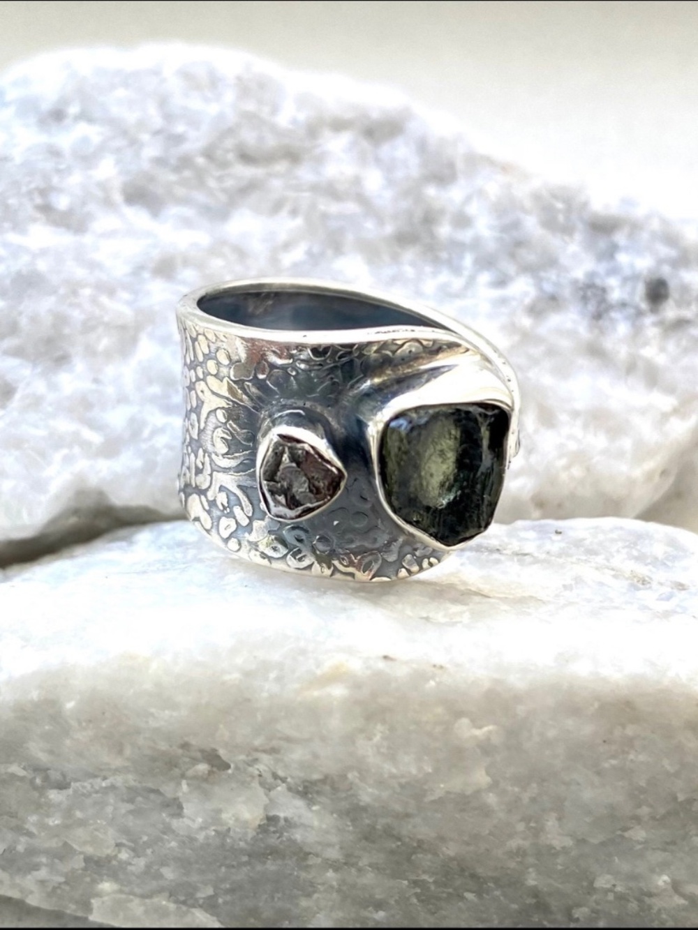 Moldavite/Meteorite Campo del Cielo Size 7 Sterling Silver Ring